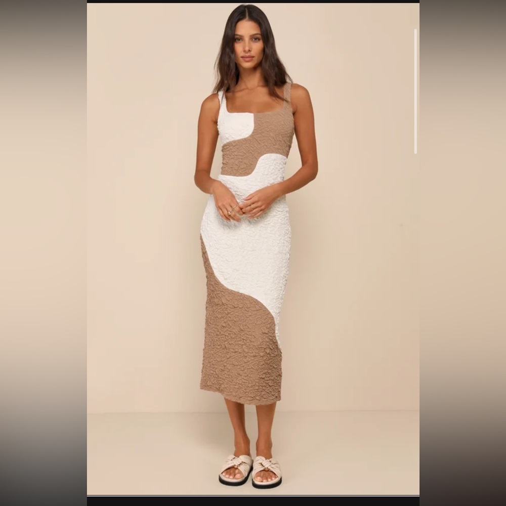 Lulu’s Instantly Adored Taupe and Cream Color Block Textured Midi Dress